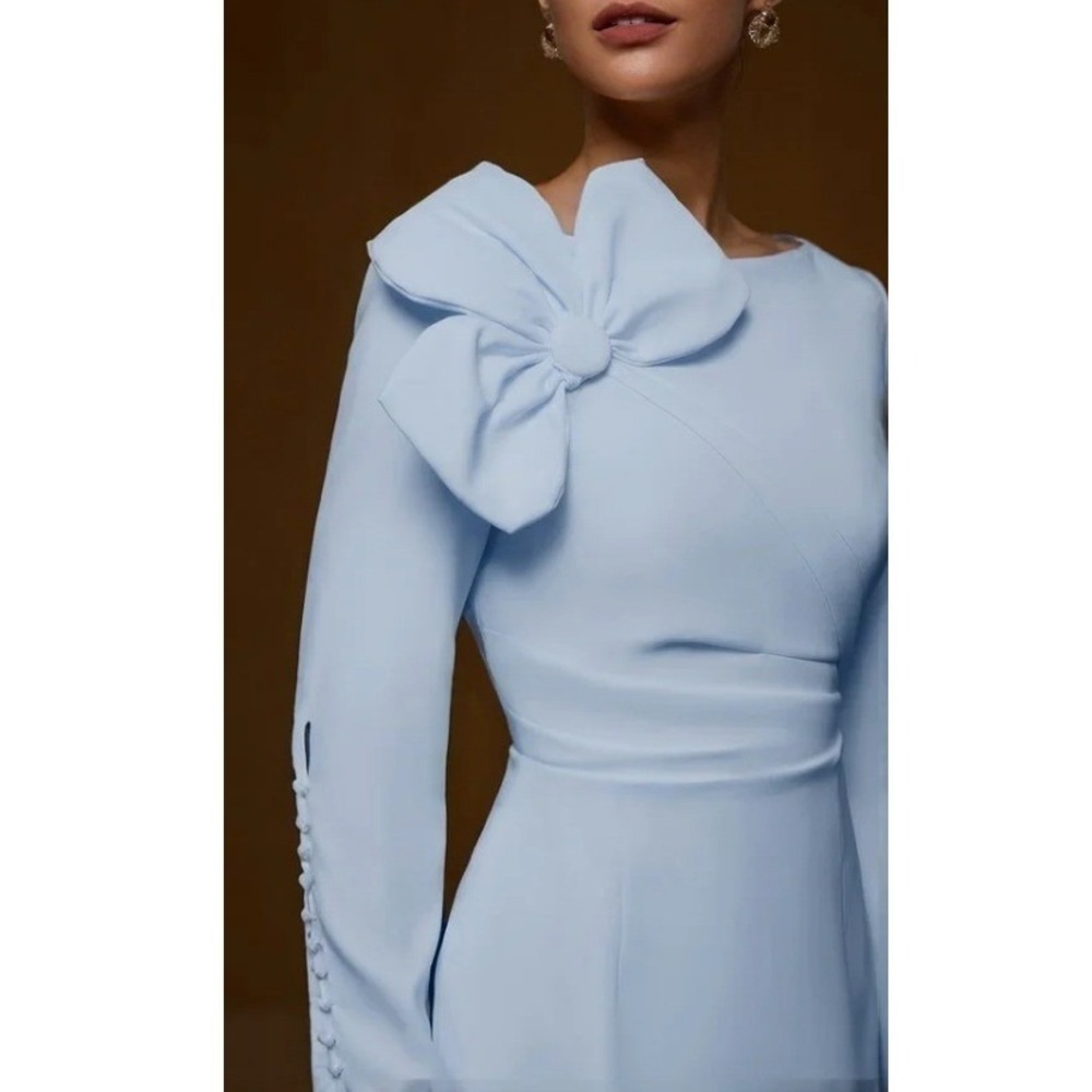 Fehaute Women's Light Blue Bow Long Sleeve Sheath Midi Dress Size S - Picture 3 of 11